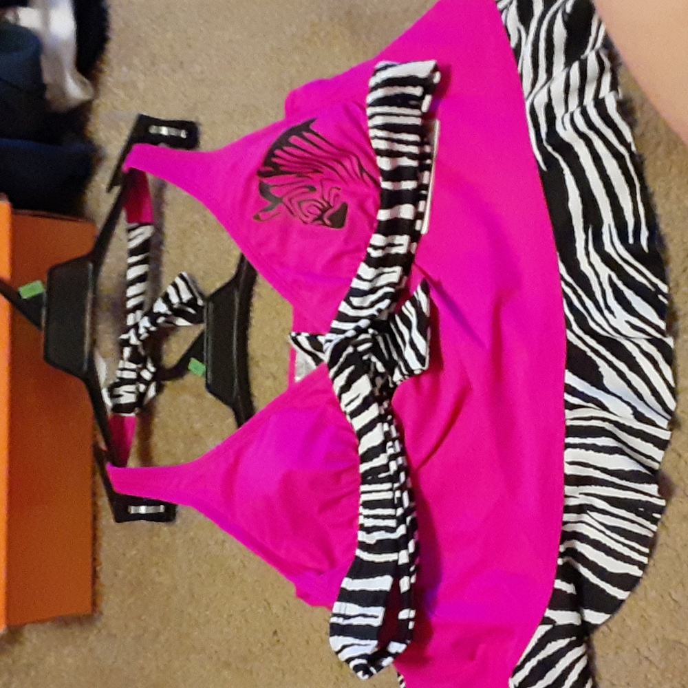 Super cute women's two-piece bathing suit pink with zebra black and white stripe